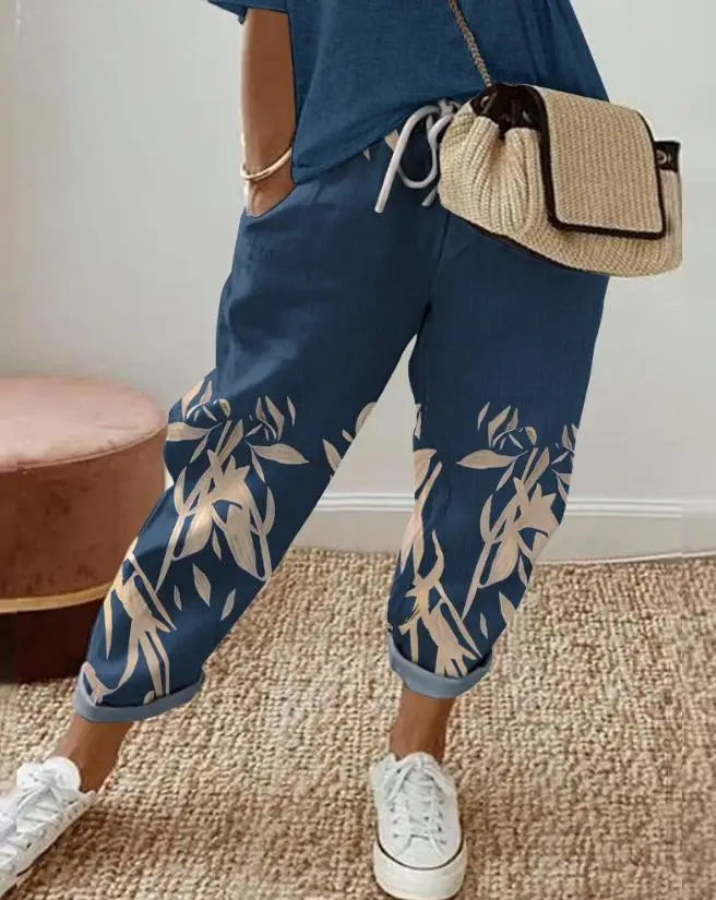 2023 Summer New Casual Women's Pants Fashion Commuter Drawstring Floral Print Drawing Cuffed Pants Street Apparel Ottd