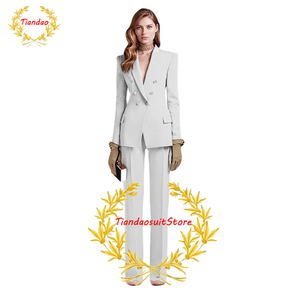 Women's Suit Double Breasted Jacket Fashion Blazer 2 Piece Slim Fit Pants Suit Business Office Lady Workwear بذلات بليزر نسائية