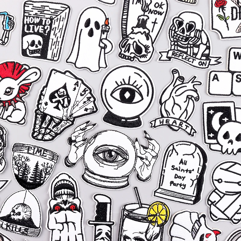 

Hip Hop Punk Embroidery Patches For Clothing Thermoadhesive Patches On Clothes Black And White Skull Patch For Clothes Stickers