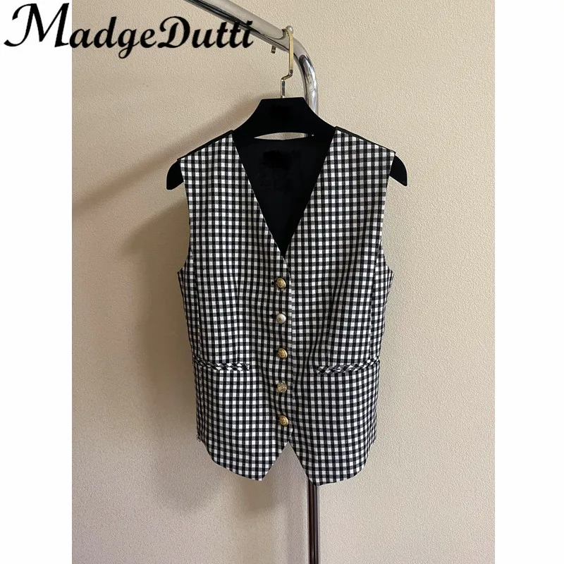 Женский шерстяной жилет MadgeDutti, винтажный жилет из твида с металлическими пуговицами сзади и V-образным вырезом, 9,29