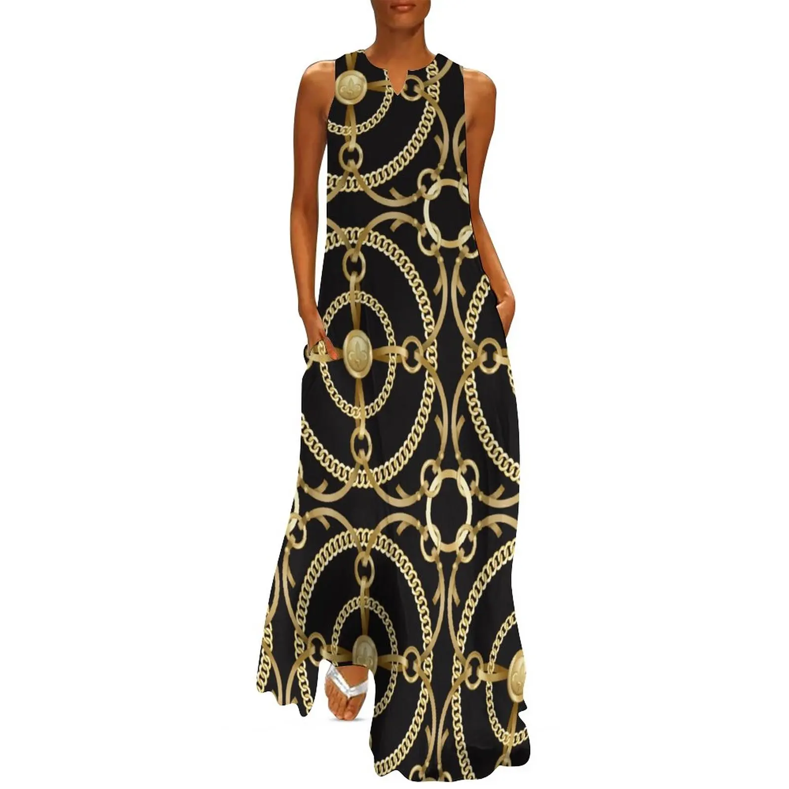 

Golden Chains Print Dress Spring Modern Art Street Style Bohemia Long Dresses Women Trendy Kawaii Maxi Dress 3XL 4XL 5XL