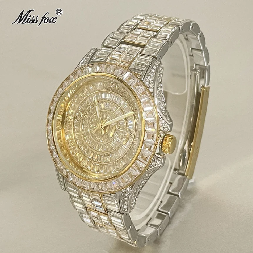 

Fashion Brand MISSFOX Quartz Watch For Men Luxury Full Baguette Diamond Gold Silver Clocks Automatic Date Waterproof Wristwatch