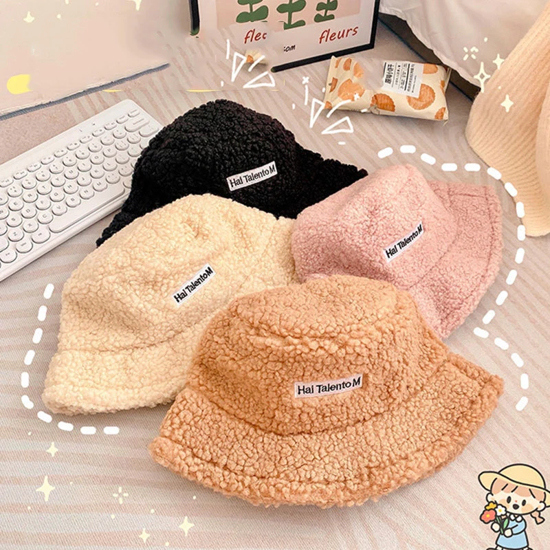 

Winter Kids Bucket Hat Solid Color Lamb Wool Toddler Girl Boy Fisherman Cap Autumn Plush Warm Children Panama Sun Caps