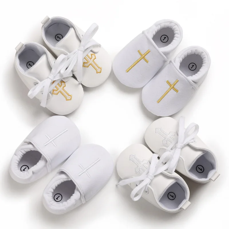 

Newborn Baby White Baptism Shoes Soft Anti-slip Toddler Boy Girl Christening Golden Church Cross Soled Infant First Walker Shoes