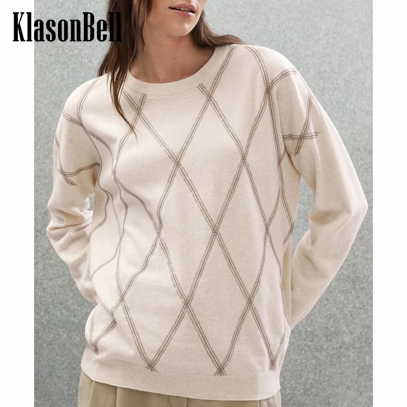 

9.3 KlasonBell 100% Cashmere Argyle Chains Embroidery Long Sleeve Knitted Pullover Sweater Women