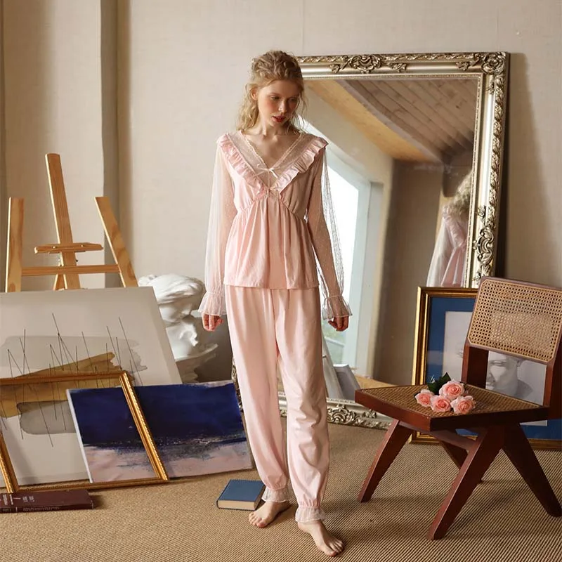 Roseheart Summer Pink White Women Sleep Sleepwear Suits Cotton Nightwear V Neck Plus Size 2 Piece Nightgown Pants Pajama Sets