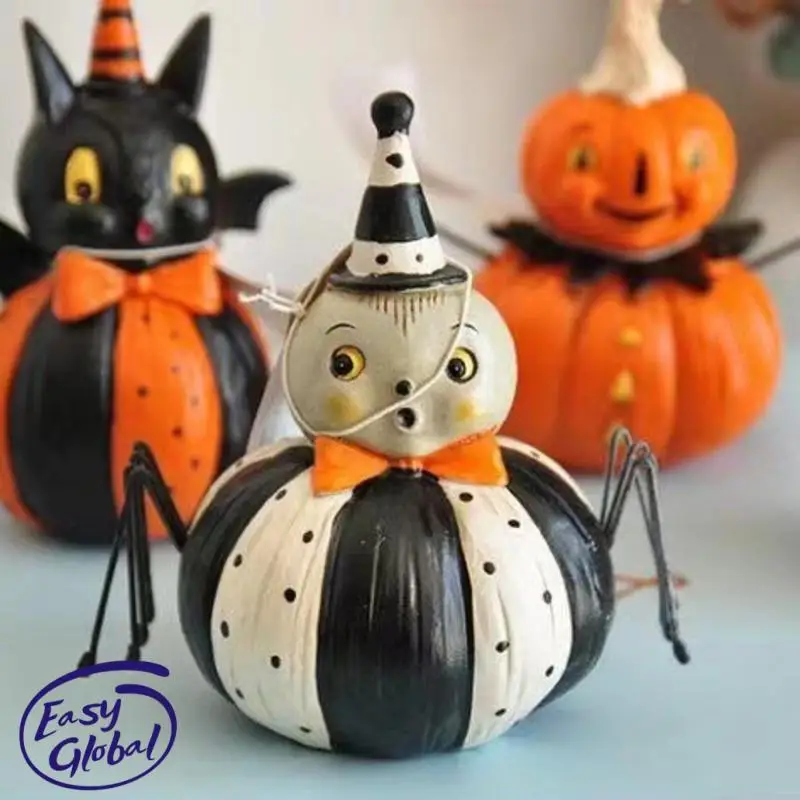 

4pcs/set Halloween Pumpkin Statue 11cm Owl Bat Spider Pumpkin Sculpture Ornaments Halloween Gifts Home Decoration