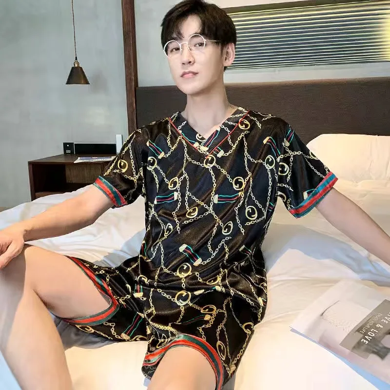 Summer Unisex Man Women Short Pajamas Sets Silk Home Clothes Sleepwear Suits