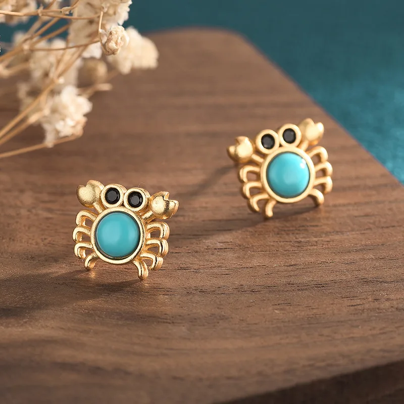 

925 Silver Retro Earrings Small Crab Cute and Interesting Imitation Turquoise Stud Earrings for Women