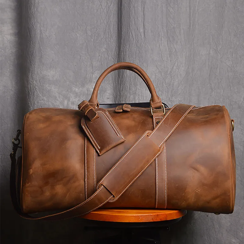 Men's Genuine Leather Travel Duffle Bag Men Large Business Travel Bag Male Crazy Horse Leather Shoulder Bag Travel Briefcase