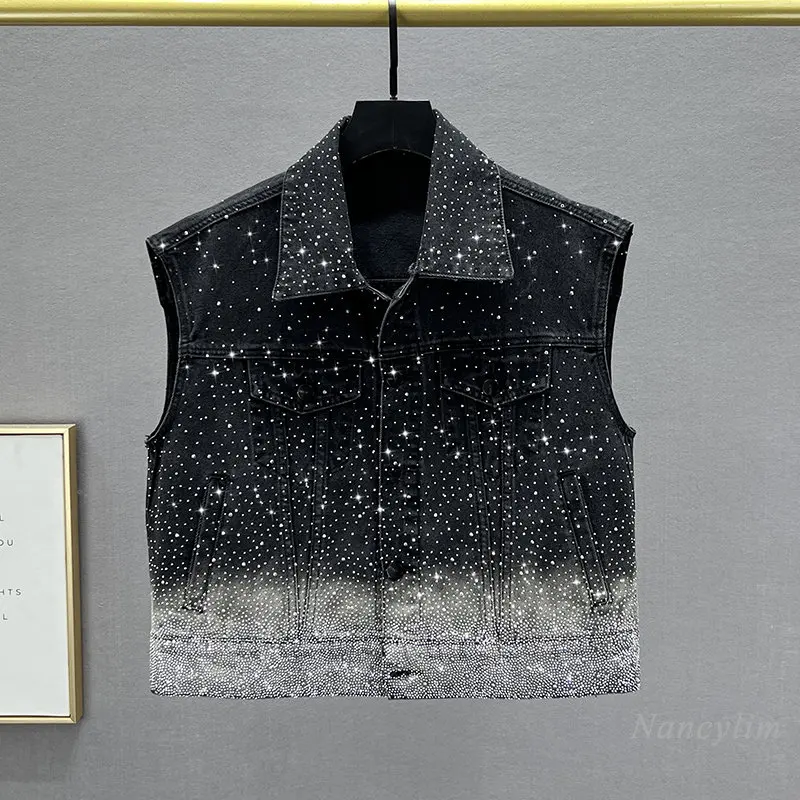 

Heavy Rhinestones Denim Vest for Women 2022 New Autumn Embroidery Hot Drilling Black and Grey Gradient Sleeveless Coat Waistcoat