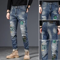eh %c2%b7 md patch stitched jeans mens breathable mesh cloth inner lining scraped holes pants embroidered soft elastic cat claw mark