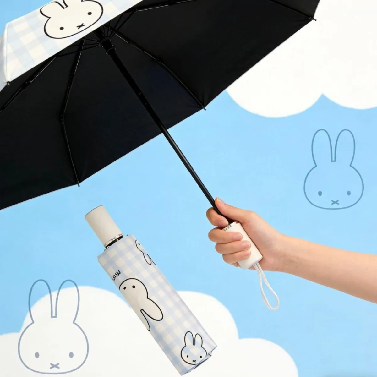 Фото Автоматический зонт Kawaii Miffy Miffy Rabbit для защиты от дождя и солнца, черный виниловый зонт с защитой от солнца, складной зонт от солнца №4