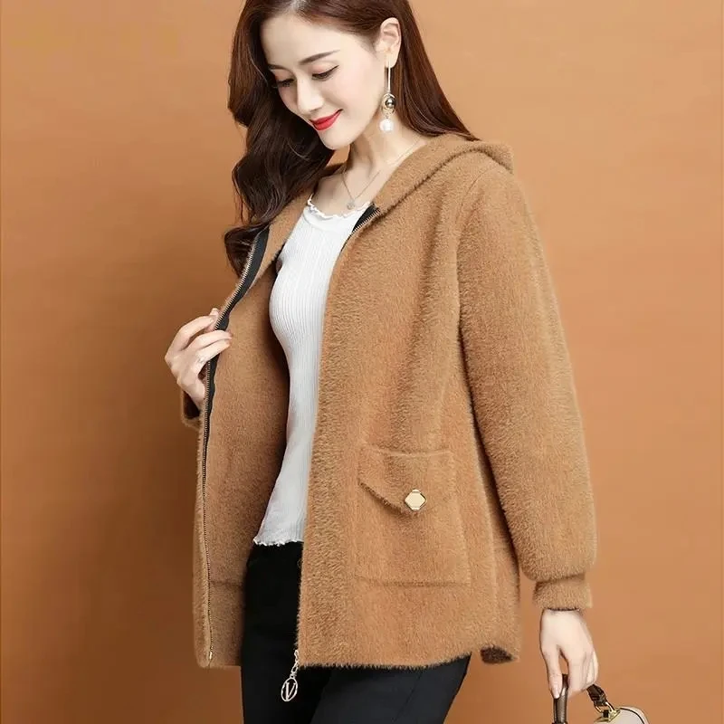

New Autumn Winter Ladies Imitation Mink Velvet Hooded Collar Sweater Cardigan Jacket Casual Jackets Thicken Warm Woman Outerwear