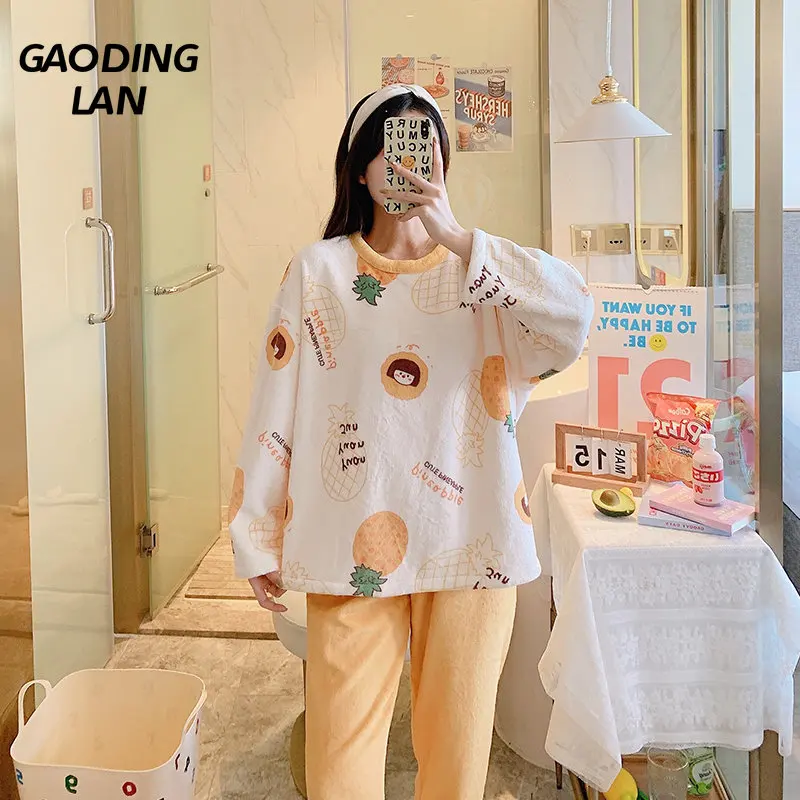 

Thick Warm Flannel Winter Women Long Sleeve Pajamas Set Large Size Sweet Cartoon Print Home Pyjamas Coral Velvet Sleepwear Suit