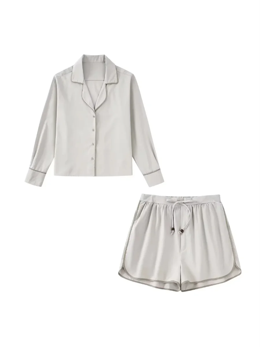 

Women Fashion Grey Straight Line Lantern Sleeves Shirts Lace Up Pleated High Waist Shorts 2022 Summer Casual Two Piece Sets