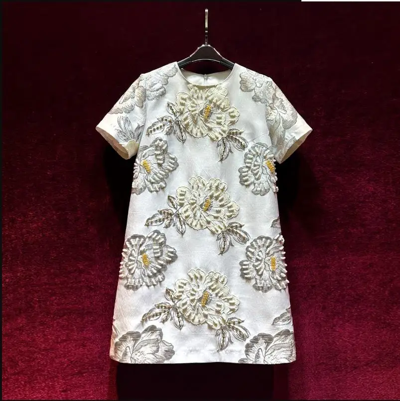 European and American women's dress 2023 summer new style Round neck short sleeve heavy stitching beads fashion Jacquard dress