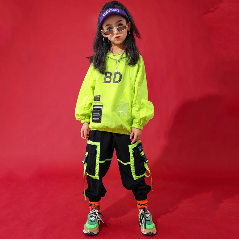 

Hip Hop Clothes Kids Dance Costumes Winter Neon Green Long Sleeve Suit Jazz Street Wear Children's Day Hip Hop Costume 110-170cm