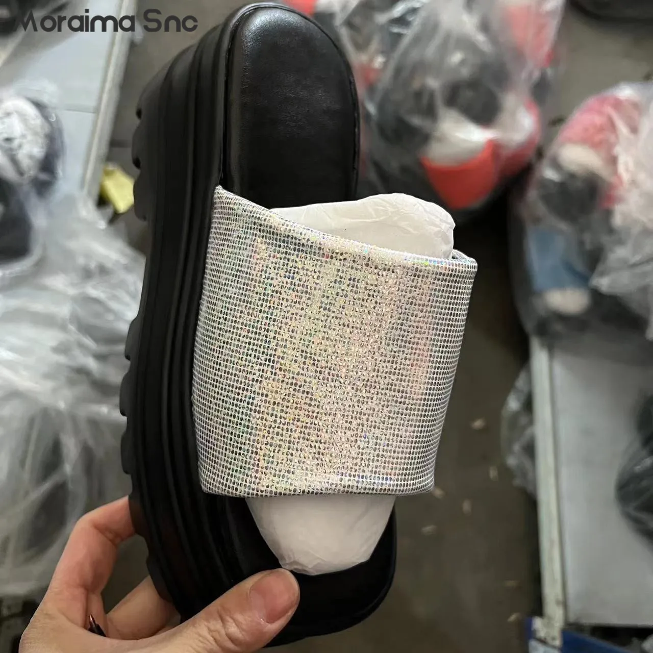 Silver Shiny Sequin Platform Slippers Summer New Fashion Heightened Thick-Soled Large Size High-Heeled Word Fashion Slippers