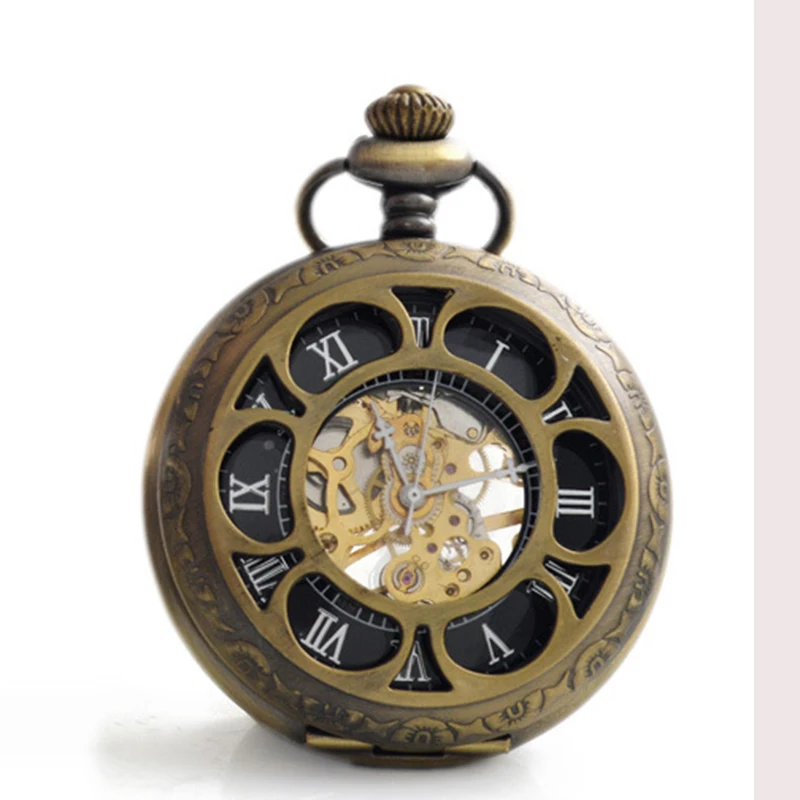 Luxury Steampunk Flower Mechanical Pocket Watch for Men Women Hollow Skeleton Case Roman Numerals Dial Fob Chain Pendant Clock