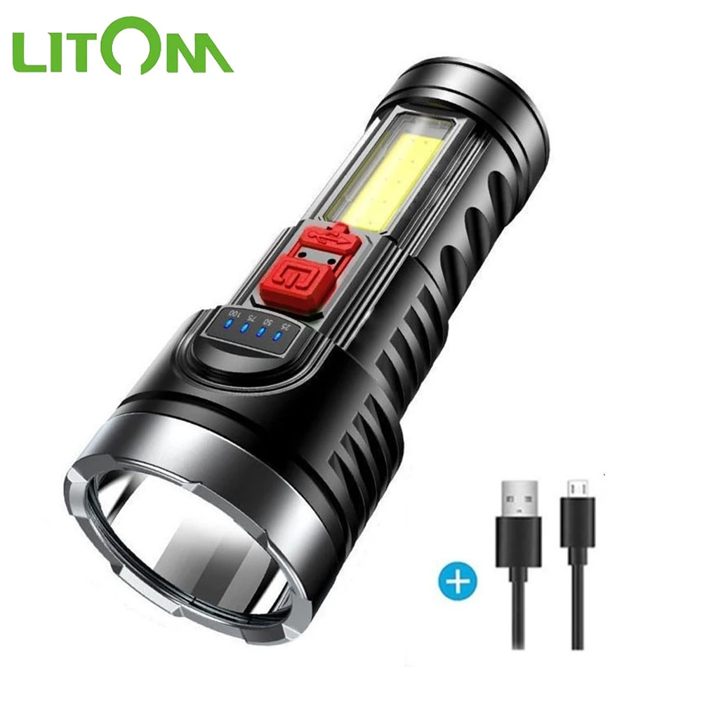 

LITOM 4LED Super Bright Flashlight Rechargeable Outdoor Multi-function Waterproof Long-range Spotlight Battery Display COB Light