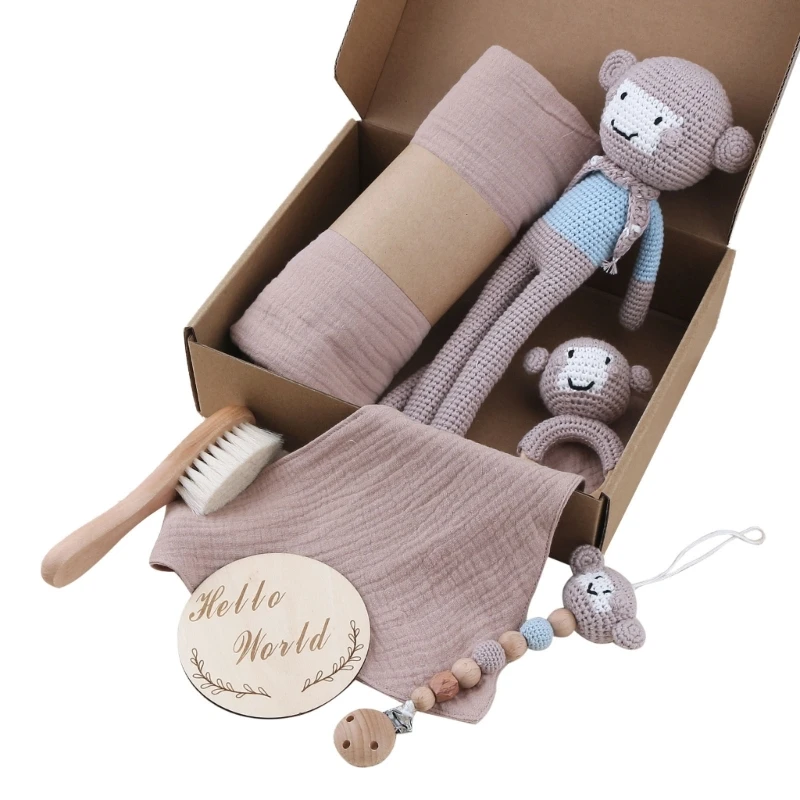 2023 New 7pcs Newborn Shower Toy Set Pacifier Clip Rattle Teether Crochet Monkey Handbell Wrap Blanket Soother Toy Baby Product