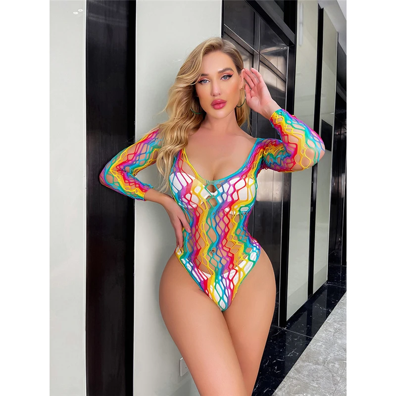 

AIIOU Sexy Ladies Erotic Bodysuit Lingerie Women Long Sleeves Rainbow Fishnet Babydoll Underwear Perspective Transparent Costume