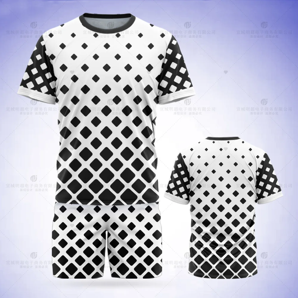 Simple Line Texture Pattern Men's T-Shirt Set Ladies Full Body Print Fashion Girls Short Sleeve Boys Tops Shirt Shorts 2 Pieces
