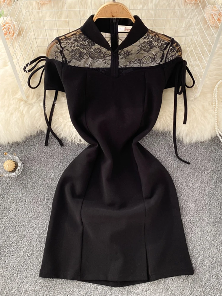 

FTLZZ New Summer Vintage Women Stand Collar Black Mini Dress Vintage Female Lace Patchwork Dress Empire Slim Bodycon Dress