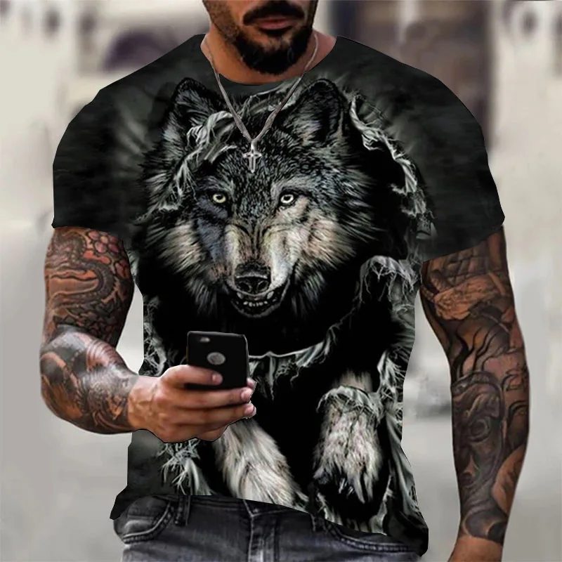 

Retro wolf print oversized T-shirt 3d men's shirt summer new punk style animal short-sleeved personality casual loose T-shirt