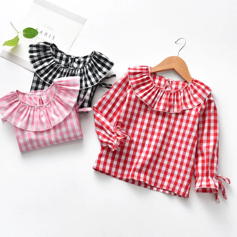 

Sleeve 2023 Top Baby Shirt Ruffles Checkered Full Kids Collar Jumper Blouse Girls Children Spring Flare Clothes