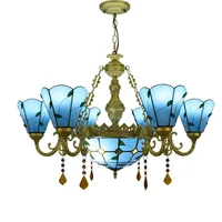32 " Stained glass Style Blue Green Leaves Lamp Stained Glass Shades 6 Arm Chandelier With 12 Inches Inverted Ceiling Pendant