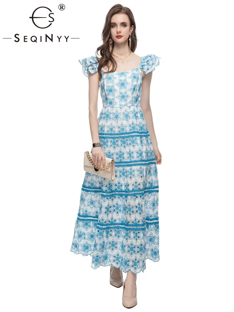 SEQINYY Elegant Dress Summer Spring New Fashion Design Women Runway Ruffles Sleeveless Embroidery Hollow Out Slim Party Midi