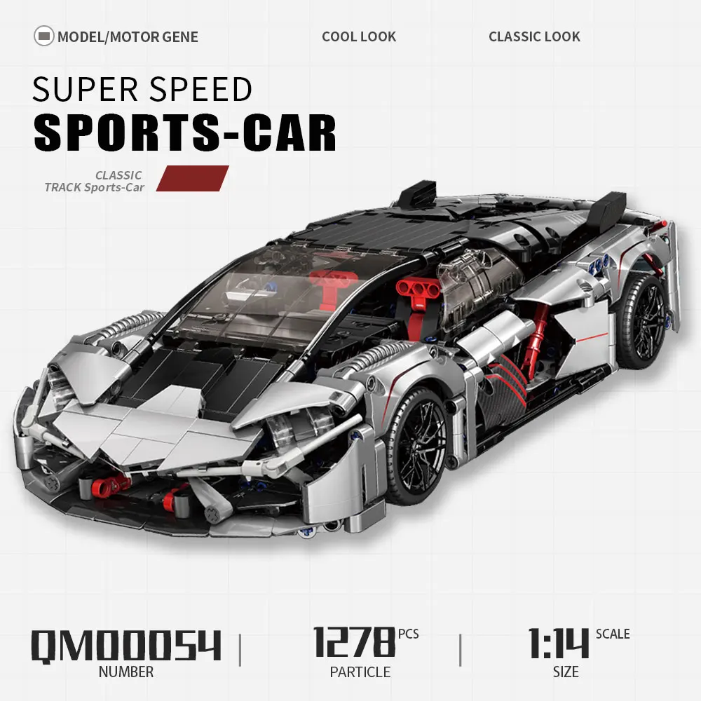 

High Tech Super Sport Racing Black Silver Car 1:14 QM00054 1278pcs Moc Modular Bricks Technical Model Building Blocks Toy Gifts