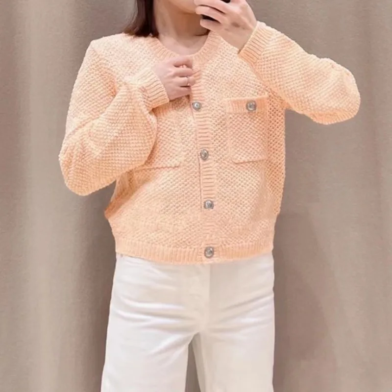 

Women Cardigan Bright Silk O-Neck Single Breasted Long Sleeve Pockets Simple Knitting Sweater