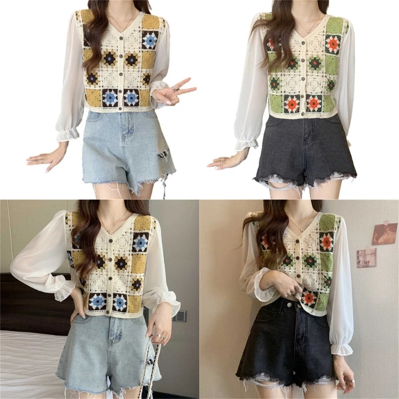 

Women Spring Long Sleeve Blouses V-Neck Crochet Knit Embroidery Shirt