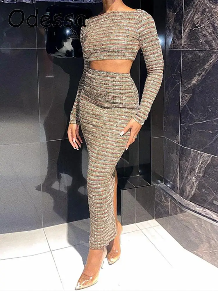 

Odessa 2022 Autumn Women Two Piece Outfits Party Backless Long Sleeve Crop Top And High Waist Split Long Slit Skirt Matching Set