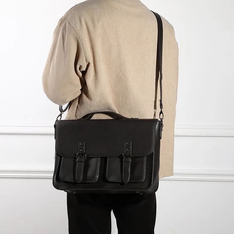 MVA Business Men's British Korean Briefcase Designer PU Leather Tote Bag Men's Shoulder Laptop Bags Black Travel Messenger Bag