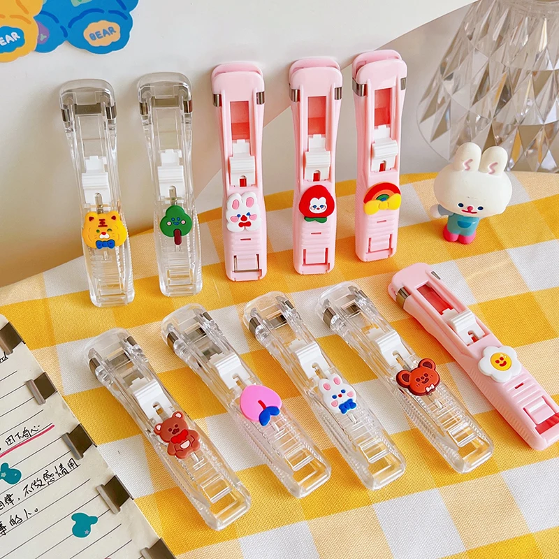

New Transparent Stapler Paper Clips Push Clip Portable Document Binding Remover Binder Snacks Sealing Clip Kawaii Student Gifts