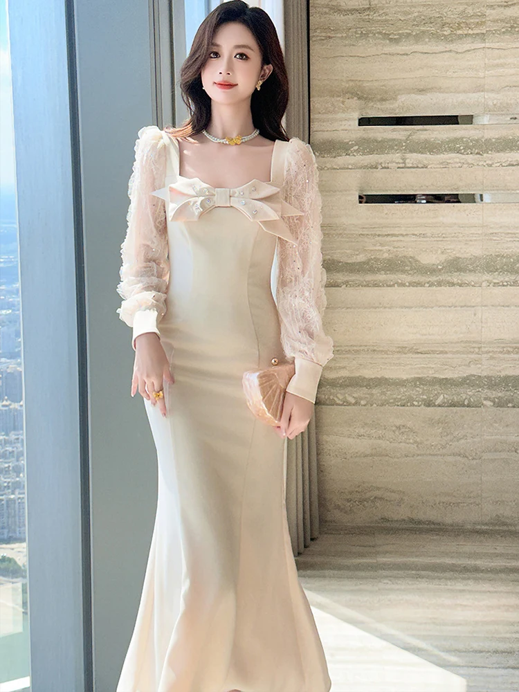 Autumn Fashion Casual Sweet Bow Square Collar Fishtail Long Dress Women Clothes Elegant Lace Sleeve Slim Robe Party Vestido