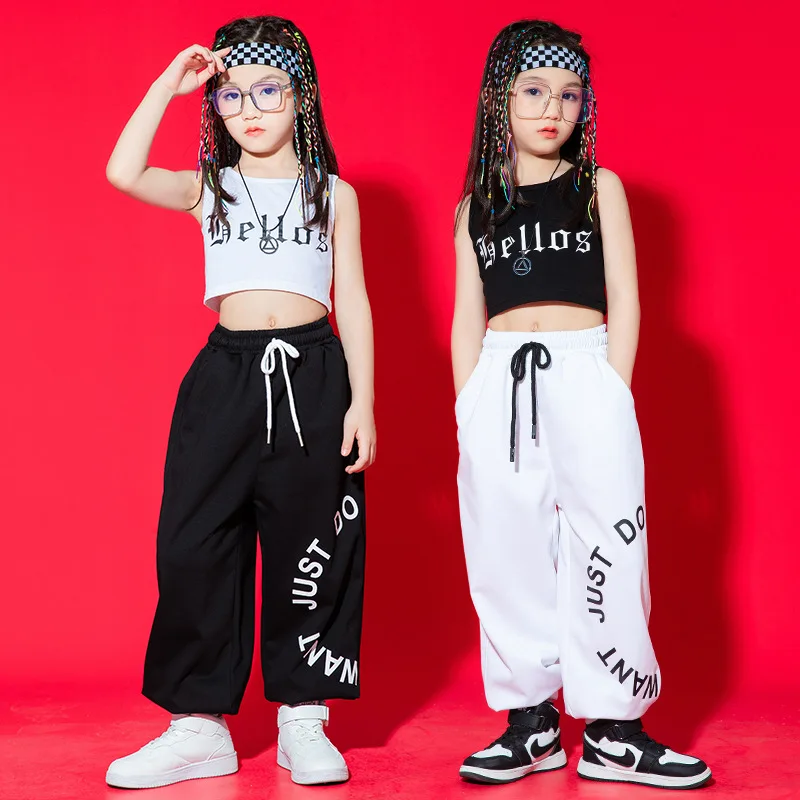 

Kid Hip Hop Clothing White Black Crop Tank Top Letter Casual Street Sport Jogger Sweat Pants for Girl Jazz Dance Costume Clothes