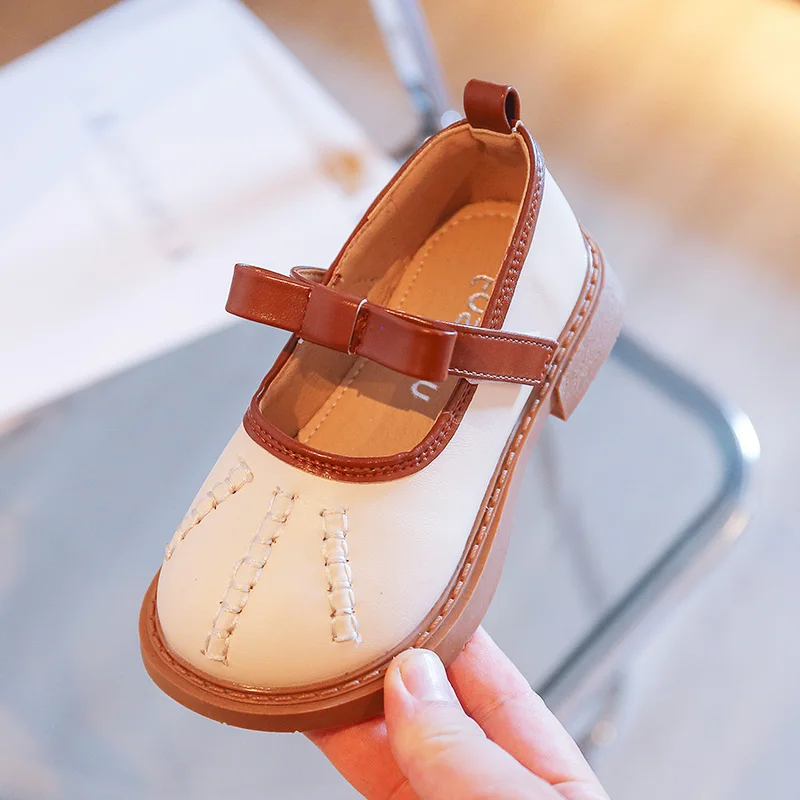 

Kid Round Toes Leather Shoes Girl Bowknot Hook & Loop Shoe 2022 Autumn Child Fashion Edge Piping Square Heel Flat Shoe 26-36