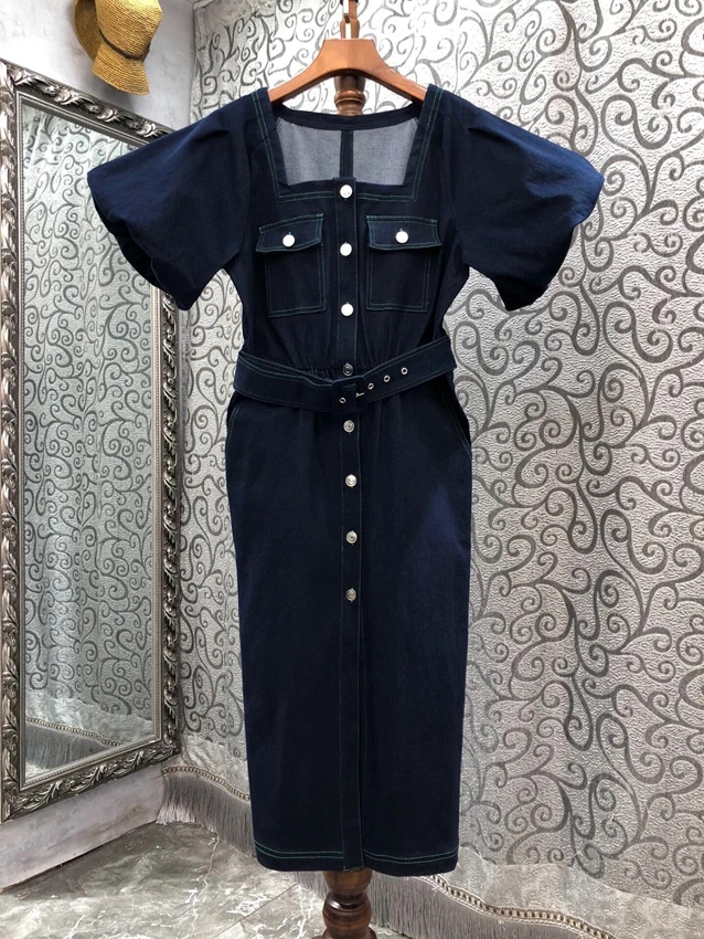 

Женское джинсовое платье с коротким рукавом и квадратным вырезом