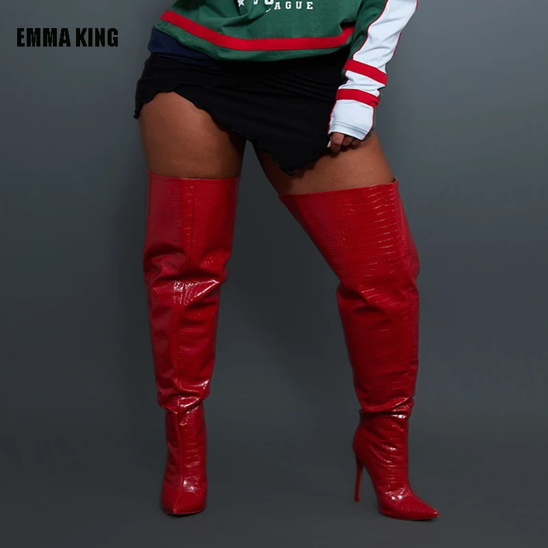 

Женские сапоги выше колена, красные сапоги из искусственной кожи на высоком каблуке, с острым носком, на молнии, большие размеры до 44, для сцены, 2023