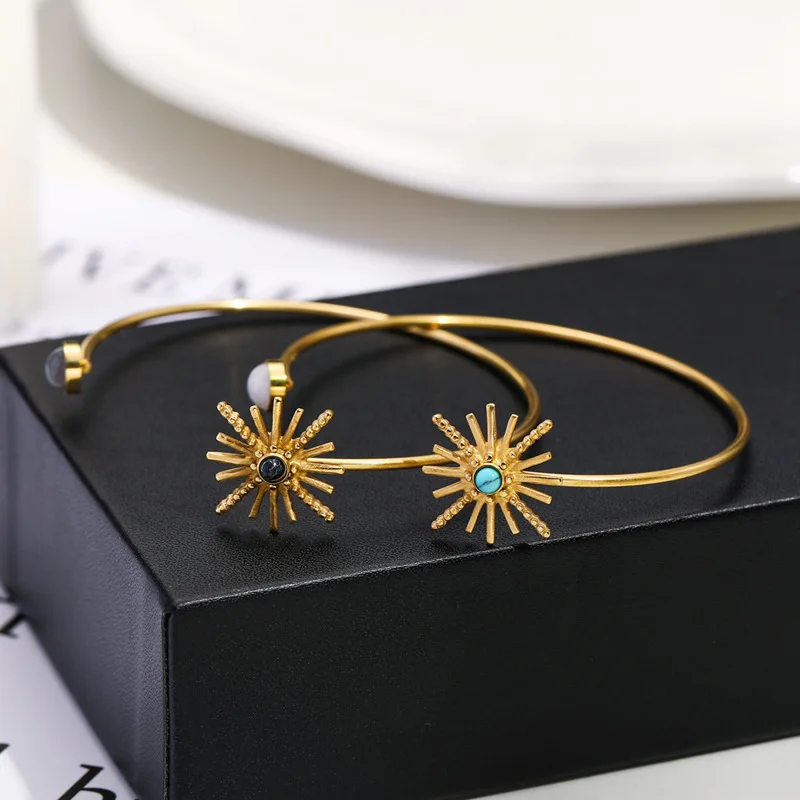 

G&D Vintage Female Natural Stone C Shape Opening Bangle Bracelets Sunflower Stainless Steel Bracelet for Women Jewelry Gift