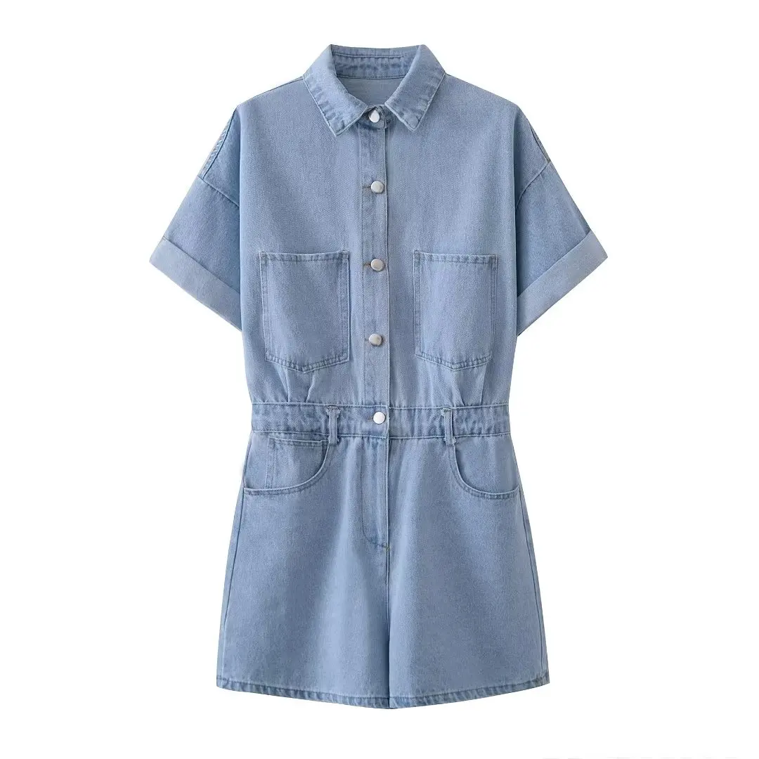 

Women 2023 New Chic Fashion Summer Turndown Collar Cowboy Jumpsuits Vintage Short Sleeves Button Female Playsuits Mujer