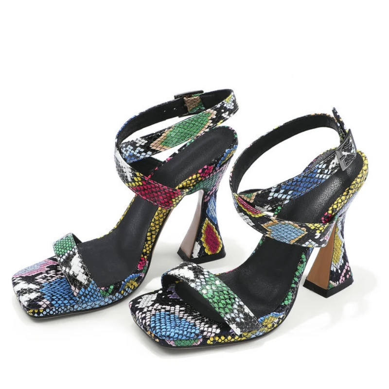 

2022 Summer Snake Pattern Women's Sandals High Heels Thick Heels Fashion Black big size 42 Slippers Fashion Casual Women's Shoes