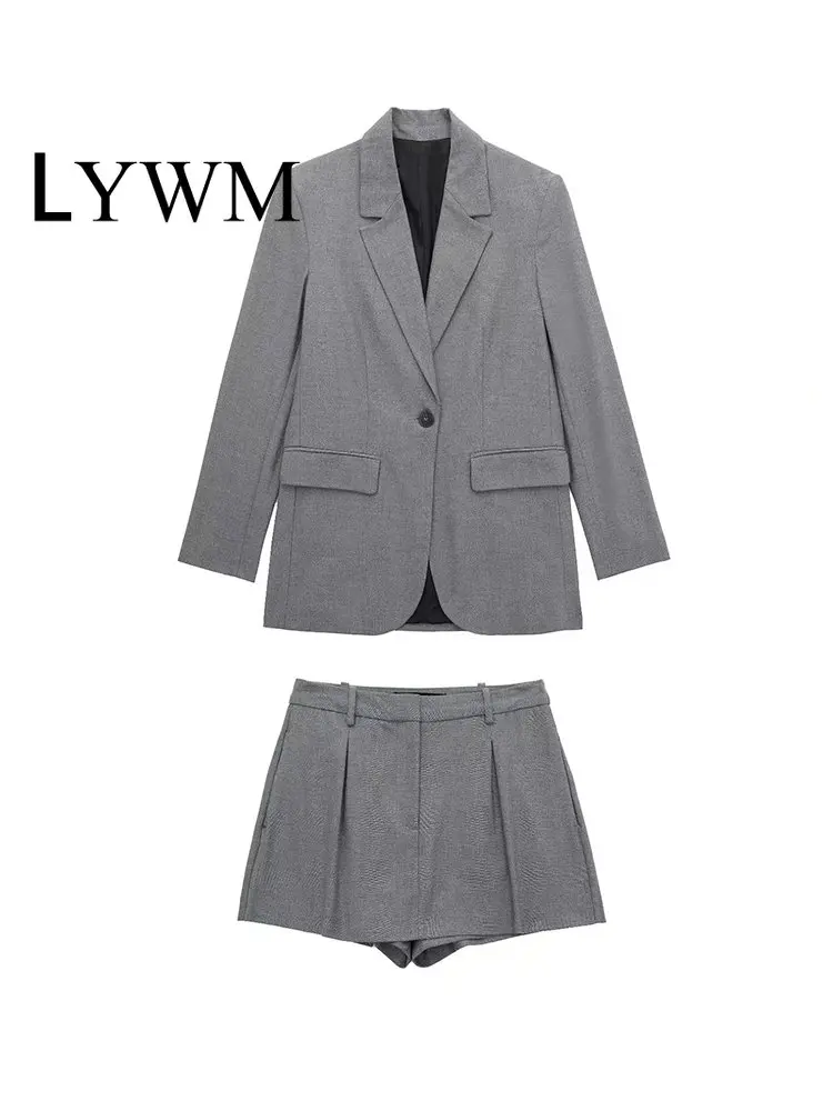 

LYWM Women Fashion 2 Piece Set Suit Single Button Blazer & Vintage Front Zipper Skirts Shorts Female Office Blazer Suits