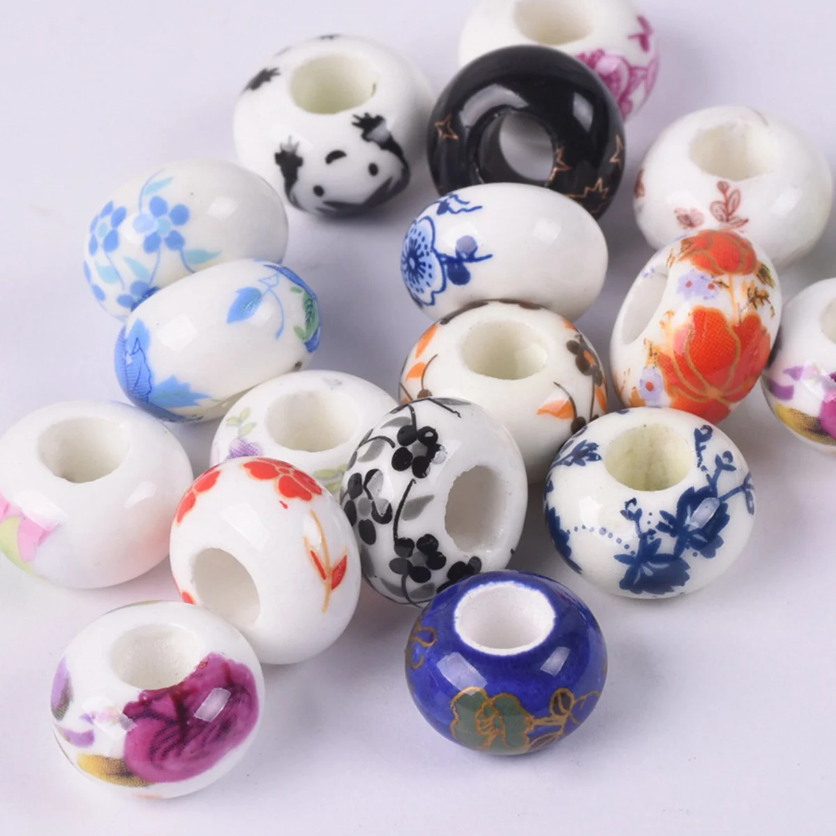 

10pcs Round 15x9mm Flower Patterns Ceramic Porcelain Big Hole Loose Beads For Jewelry European Charms Bracelet Making DIY