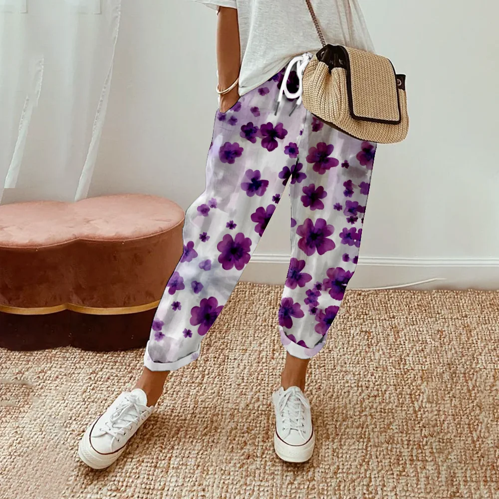 Брюки женские летние с цветочным принтом модные повседневные султанки